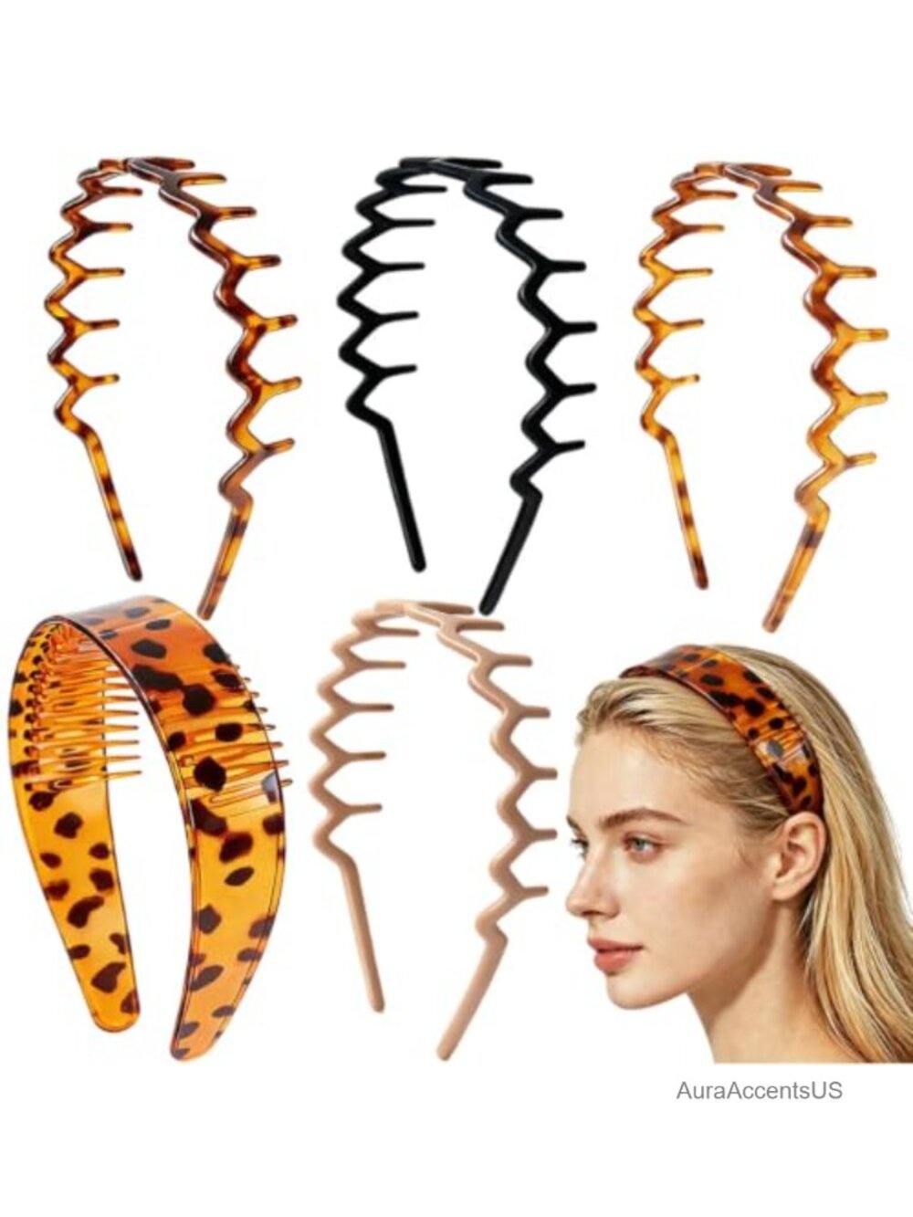 5PCS Zig Zag Headbands Flexible Plastic Non-Slip Wide Hair Accessories Curly